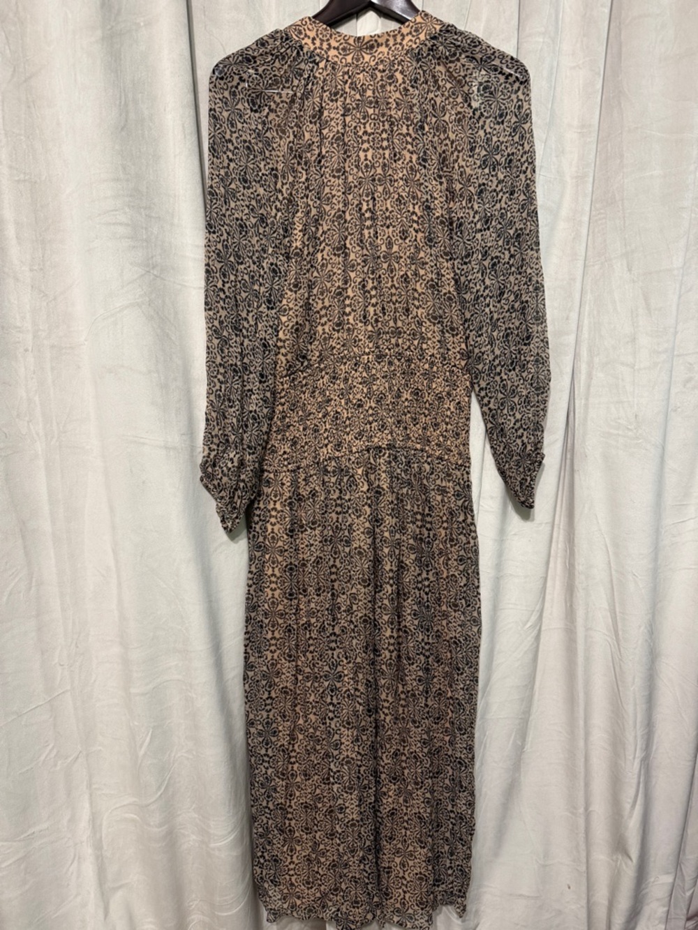 Printed Long-Sleeve Maxi Dress in Beige and Black